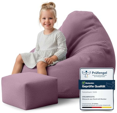 DreamRoots Sitzsack Kinder Cord 70x70x70 cm, Plum Smoothie | Bean Bag Sofa, 70x70x70 cm, mit Hocker & Bezug, mit Füllung, waschbar, für Kinder & Kinderzimmer