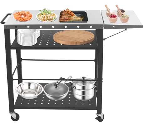 Grillwagen Tisch 3-Etagen, 80 * 50 * 83cm Grilltisch mit Rädern Großer Arbeitsfläche Klappbare Beistelltisch BBQ-Tisch Outdoor Grill Trolley Servierwagen