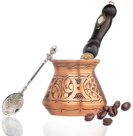 17oz Copper Turkish Greek Arabic Coffee Pot with Copper Handle - Cezve Ibrik Briki Stovetop Coffee Maker (Includes Copper Spoon) (6 servings)