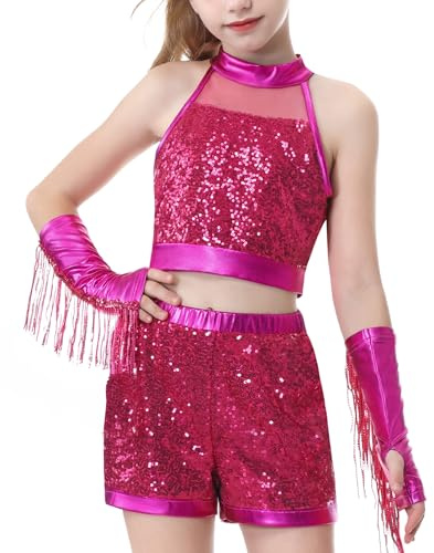 LOLANTA Set Danza con Paillettes per Bambina, Top+Pantaloncini | Tute Metallizzate, Costumi Hip Hop, Abiti Danza Brillanti, per Esibizioni, Tute per Gare di Danza