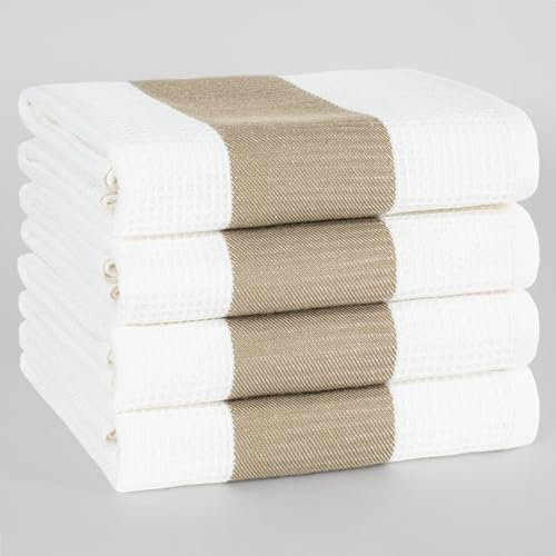 Hammetex 4er Set 50x70 cm Waffel-Handtuch aus 100% Baumwolle – Küchtuch mit Aufhängeschlaufe – Saugfähig, Schnelltrocknend & Oeko-Tex Zertifiziert – Beige