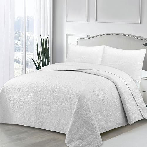 NOVOTEXTIL Colcha Boutí Bordada Cama 90 (180x270) para Verano y Entretiempo – Algodón y Microfibra – Cubrecama Artesanal, Ligero y Elegante – Incluye 1 Funda Almohada (50x70) (Oporto Blanco)