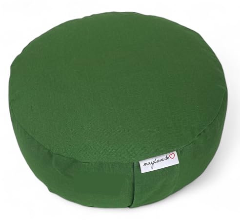 maylow Yoga mit Herz® Hochwertige Meditationskissen Stickerei Namasté/Basic Bezug waschbar Innenkissen Bio-Dinkelspelzen Ø33 cm H: 15cm (Personalisierung nach Wunsch) (Olive Uni)