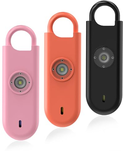 Fauxomor Alarme Personnelle Anti Agression 3 Pack-140 DB Porte-Clé Alarme avec Flash LED et Avertisseur de Batterie Faible, Kit d'Auto-Défense pour Femmes, Enfants et Seniors(Rose+Orange+Noir)