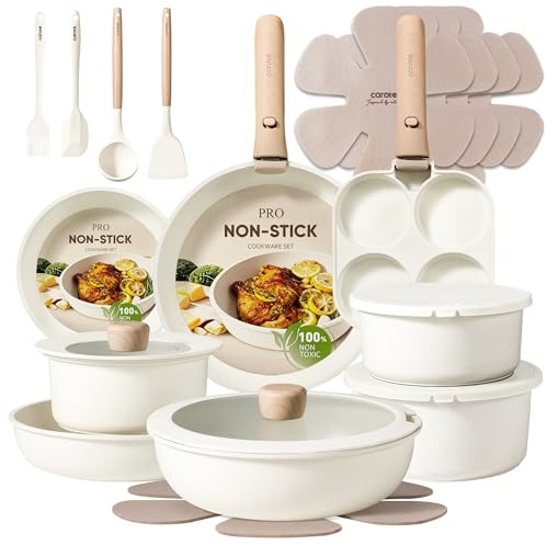 CAROTE 25pcs Pots and Pans Set Non Stick, Cookware Sets, Kitchen Set, Oven/Dishwasher/Fridge Safe, Space Saving Pots Set, Nonstick Set with Versatile Detachable Handle, Induction RV Set, Cream