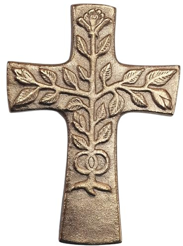 Herzmensch Hochzeitskreuz als Geschenk zur Hochzeit - massive Bronze, gold - 10 x 14 cm mit dem Baum des Lebens als Kreuz zum Aufhängen mit Eheringen von Ch. Fischbach