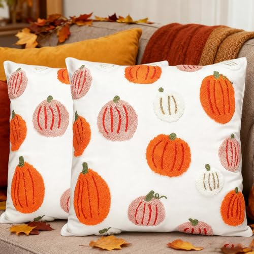 Johiux 2 Stück Kürbis Kissenbezug Herbstdeko 45X45,Herbst Dekoration,Halloween Kürbis Kissenbezug,Sofakissen für Wohnzimmer Sofa Garten Schlafzimmer Outdoor Zierkissen Couchkissen