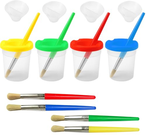 pangdapengpeng Farbbecher mit Verschüttschutz, 4 Farben Kein Spill Malbecher mit Deckel & 4 Stück Pinsel, Auslaufsichere Malbecher Set für Schule, Zuhause (Mehrfarbig)