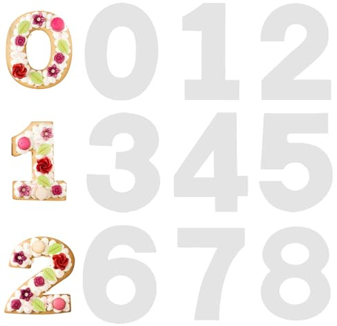9 unidades Plantillas de plástico planas con forma de números, moldes en forma de números para hornear, 0 – 8 números, para manualidades, galletas, bodas, cumpleaños, fiestas, decoración (26 cm)