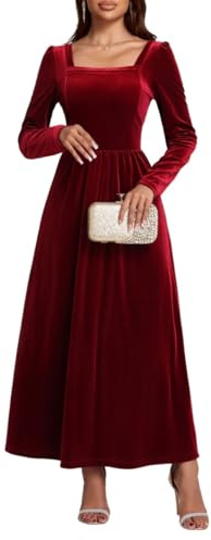 ORANDESIGNE Samtkleid Damen Lang Langarm Cocktailkleid Samt Maxikleider Herbst Winter Abendkleider Elegant für Hochzeit C Burgunderrot XL