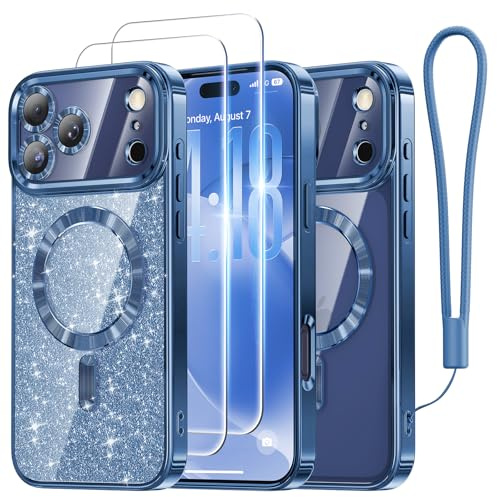 Meifigno Designed for iPhone 17 Pro Case 6.3, [Glitter Card & Wrist Strap] [Compatible with MagSafe] [2X HD Screen Protectors] Surround Raised Lens Protection for 17 Pro Case, Deep Blue