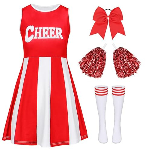 XFOZDM Cheerleader Kostüm Kinder Mädchen Cheerleader Kostüm Outfit Cheerleading Uniform Kleid mit Haargummi Pompoms und Socken Faschingskostüme Kinder für Karneval Halloween Cosplay