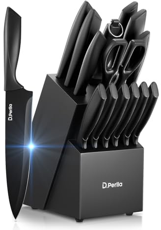 D.Perlla Juego de Cuchillos de Cocina, 15 Piezas Negro Revestimiento Antiadherente Set Cuchillos Cocina, Acero Inoxidable de Alto Carbono, Afilado y Antioxidante, con Bloque de Madera