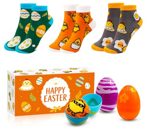 VTMJ 3 pares de calcetines de Pascua regalos niños adultos de algodón, regalos de Pascua adultos niños divertidos calcetines de Pascua con pollitos patrón de huevo de Pascua regalo de Pascua para