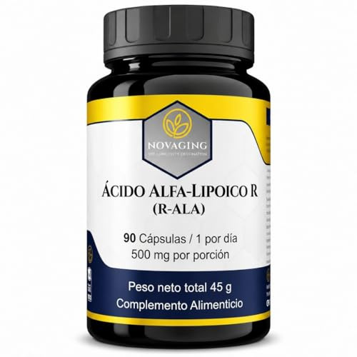 R-ALA Ácido Alfa-Lipoico 500mg, 90 Cápsulas Veganas, Anti-Envejecimiento | R-ALA forma activa, protección celular, glutatión, metabolismo. Probado sin OGM ni Alérgenos. Formulado en France. NovAging®