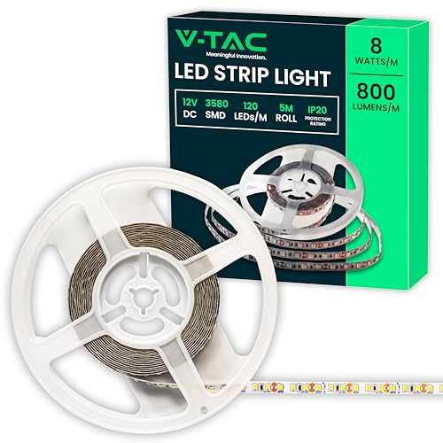 V-TAC Tira LED de Interior 8W - [ 5 METROS ] - Tira LED ADHESIVA Luminosa - 800 Lúmenes - Cinta Flexible para Casa, Cocina, Dormitorio, Salón - 12V - SMD 3528 - Luz Blanco Frío 6500K