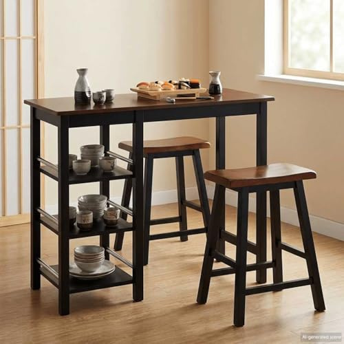 Zeiquah Bar Set 3-teilig aus MDF und Gummibaum Holz Schwarz mit 1 Tisch 2 Hockern ergonomisch geformt für Esszimmer Küche Wohnzimmer kleines modernes Möbelstück