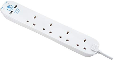 Masterplug srgu44n Four Socket Surge Protected Extension Lead with 2 USB Ports, 4 Metre, 13 x 7 x 6 cm, White