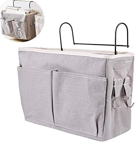 Betttasche mit Drahtrahmen Bett Organizer Hochbett Hängetasche Aufbewahrungstasche für Buch, Magazin, Kopfhörer (Grau)