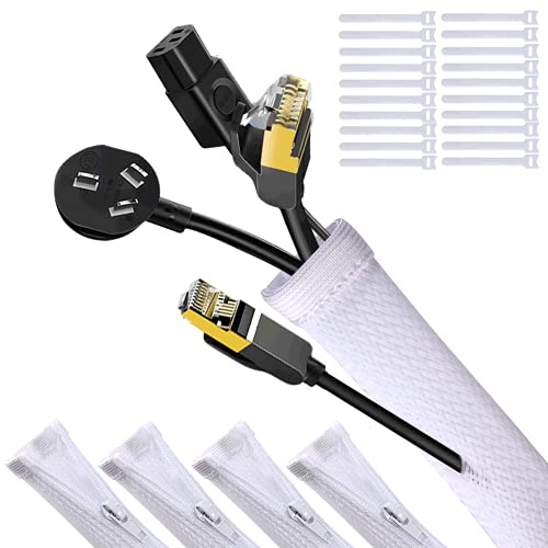 UPXDUMI Cable Tidy Zip Sleeve for PC/TV, 20mm - 2.4m Desk Cable Management Organisers, Wire Tidy Loom Tube Cord Cover Protector with 20 PCS Reusable Cable Ties for Home, Office,2*(50CM+70CM), White