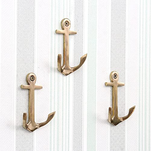 Indian Shelf 33 Lb. 3 Pieces Decorative Anchor Hooks Nautical Hooks for Hanging Antique Coat Hooks Gold Wall Hook Nautical Key Holder for Wall Vintage Towel Holder