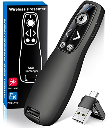 Presenter USB C, 2.4 GHz Wireless Powerpoint Fernbedienung via USB A & USB C Empfänger, Rot Pointer für Präsentationen, Präsentationsfernbedienung für Windows/Mac/PowerPoint/Keynote/Google Slides/PDF