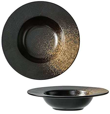 Plato Sopero Grande con Borde, Juego De 2, Cuenco De Pasta De Cerámica con Borde, Cuenco De Cocina para Servir Ensaladera, Cuenco para Microondas Apto para Horno-Negro Y Amarillo-25.5x25.5x5.5cm