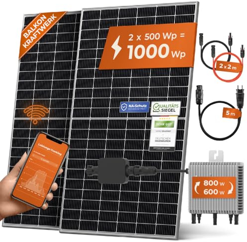 Solarway® Balkonkraftwerk 800W mit 1000Wp Solarmodulen – Komplettset mit Hoymiles HMS-800W-2T Wechselrichter – 2× 500W bifaziale Black Solarpanels – Mini PV Anlage für Steckdose inkl. Zubehör