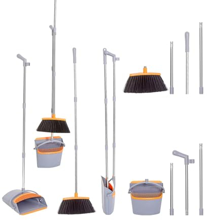 K-ONE Long Handle Broom and Dustpan Set Comb Dustpan for Home Room Kitchen Dustpan with Broom (Orang-Grey)