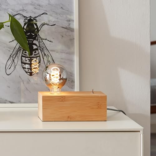 Lightbox skandinavische Nature Tischlampe - 8 x 20 x 10 cm - Tischleuchte mit Basis aus Holz/Bambus & Schalter - für Wohnzimmer - E27, max. 40 W - in Hellbraun