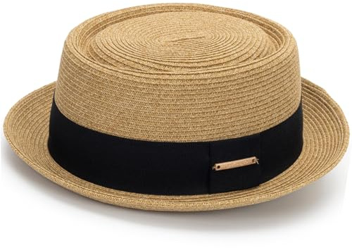 HilyBony Pork Pie Stroh-Sonnenhut für den Sommer, faltbarer Fedora-Strand-Sonnenhut, Bootsfahrer-Derby-Kappe mit Band, Khaki mit Band, M
