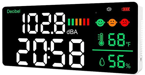 HLELU Misuratore di Decibel da Parete Fonometro da Parete 30-130DB Gamma 8.6 Pollici Ampio Display a LED Rumore Tempo Temperatura