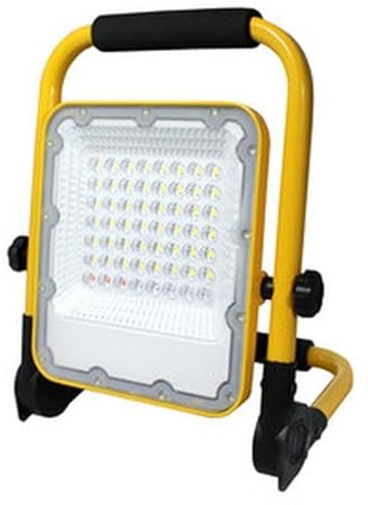 Proyector LED recargable 50W con soporte abatible, ideal para presentaciones y entretenimiento en exteriores.