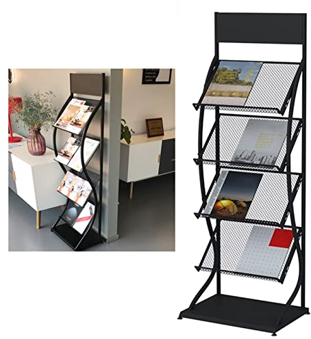 Zeitschriftenhalter aus Metall mit 4 Fächern, schwarzer Literatur-Präsentationsständer, Broschüren-Aufbewahrungsständer für Foyer/Ecke/öffentliche Räume