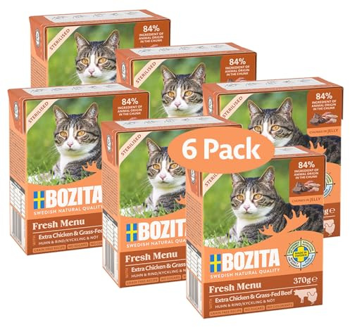 Bozita Tetra Stérilised Canapés en gelée avec Poulet et bœuf – 6 x 370 g de Nourriture Humide sans céréales et sans Sucre pour Chats – sans OGM, avec 7,5% de protéines et 5% de matières Grasses
