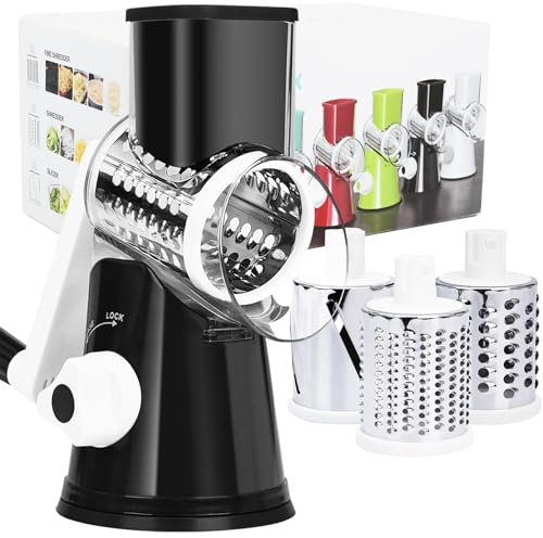 REDPANT Rotary Cheese Grater with Handle, Kitchen Mandoline Vegetable Slicer with 3 Interchangeable Blades & Strong Suction Base, Easy to Clean Grater for Vegetables, Fruit, Nuts, Black