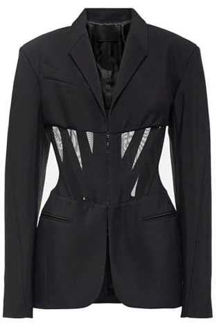 Kvinnors nät skarvad ihålig långärmad blazer smal skårad retrojacka, Svart, S