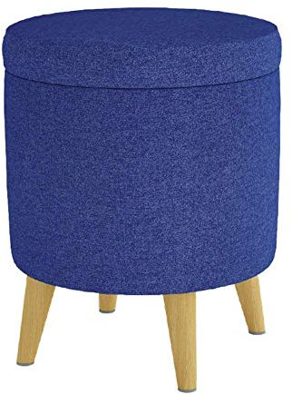 DOCOXA Osmanischer Fußhocker, Wohnzimmer-Fußhocker, Ottomane mit Stauraum, gepolsterter Fußhocker, runder Pouf aus Leinen, Frisiertischhocker mit 4 Beinen, blaues Holz, 37 x 37 x 45 cm (blau, 37 x