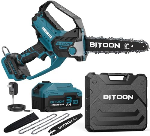 BITOON Sega a catena da 20 cm con batteria da 3,0 Ah e caricabatterie, oliatore automatico, senza spazzole da 8 pollici e 6 pollici, motosega elettrica portatile per tagliare legna da ardere, rami