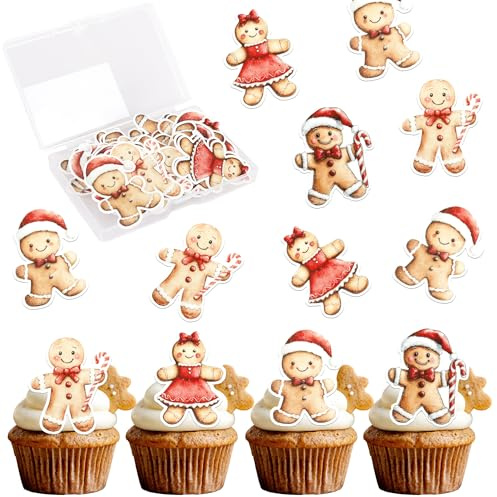 Xsstarmi Confezione da 60 decorazioni commestibili per cupcake, a forma di omino di pan di zenzero, in carta di riso, per Natale, caramelle, omino di pan di zenzero, decorazioni per torte a tema