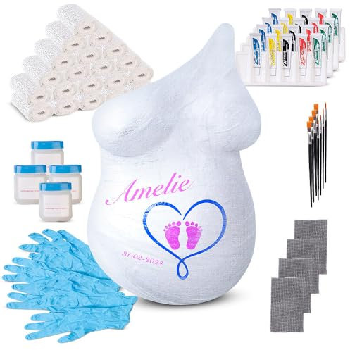 Your Design 3D Gipsabdruck: 4er-Set Babybauch-Gipsabdruck-Sets mit 5 Acrylfarben und 2 Pinseln (Gipsbinden zum Babybauch Bemalen, Komplettsets, Geburtstag)