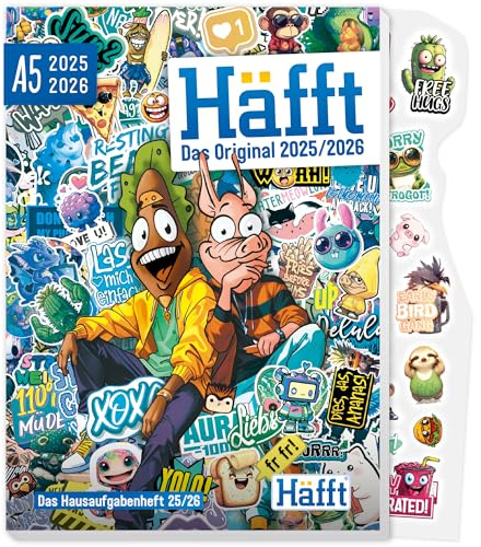 Häfft® Original Hausaufgabenheft 2025/2026 A5 Stickermania ultimativer Schülerkalender, Schülerplaner - nachhaltig & klimafreundlich