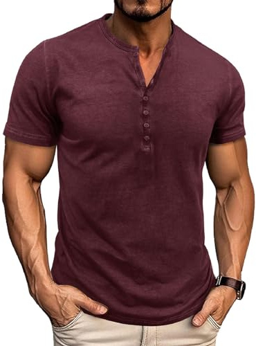 LAOARA Herr T-shirts Henley T-shirts för män sommar bomull grandad knapp vintage avslappnade toppar M-3XL, Vinrött, 3XL