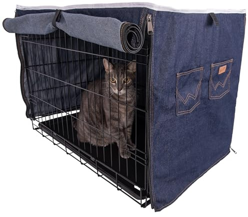 Wrangler Hundekäfig-Abdeckung, Denim, langlebig, atmungsaktiv und stilvoll, mit rollbaren Einsätzen und Fronttasche für Zubehör, maschinenwaschbar, für Hundekäfige (S)