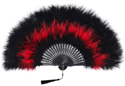 Coucoland 1920s Marabou Feather Fan Flapper Folding Hand Fans Feather Fan Handheld for 20s Vintage Gatsby Party BlcakRed