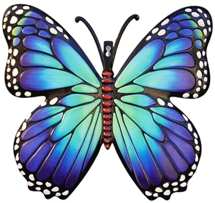 HMIR Large Metal Hanging Butterfly Wall Decor, Butterfly Hanging Wall Decor Sculpture for Balcony Patio Living Room Garden Outdoor Fence Decoration, Weather Resistant Design (BLUE)