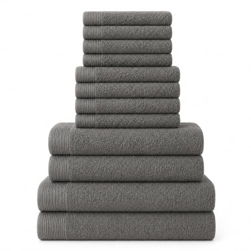 NOVOTEXTIL Juego Toallas Baño Completo 12 Piezas – 2 Toallas Baño Grandes + 2 Toallas Ducha + 4 Toallas Lavabo + 4 Toallas Cara – 100% Algodón 500 g/m² – Suaves y Absorbentes (Gris)