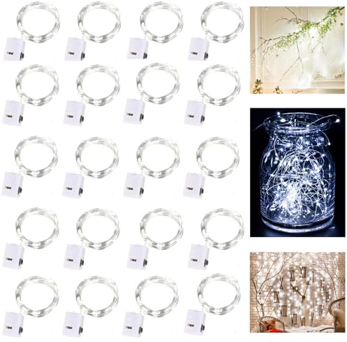 Dooozy 20 Stück Micro LED Lichterkette, 2M 20 Led Lichterkette 3 Modi Batterie Kupfer Drahtlichterkette Wasserfest für Weihnachten Außen Garten, Innen Hochzeit, Party(Kaltes Weiß)
