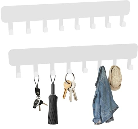 LOMUG 2 Stück Schlüsselbrett Mit 8 Haken, Selbstklebend Ohne Bohren – Praktische Schlüsselaufbewahrung Als Key Holder Für Wanddekoration. Ideal Für Flur, Eingangstür, Garage, Bad Und Küche (Weiß)