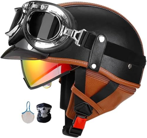 Casco Moto Vintage Semi-Aperto In ABS Casco Scodella Leggero Per Scooter/Cruiser, Omologato DOT/ECE Fodera In Traspirante, EPS Antishock, Fibbia Rapida Unisex 57-64Cm 2,XXL
